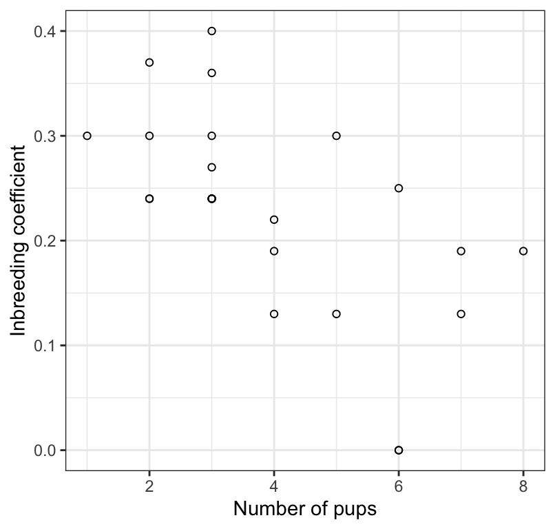 The association between inbreeding coefficient and number of surviving wolf pups (n = 24).