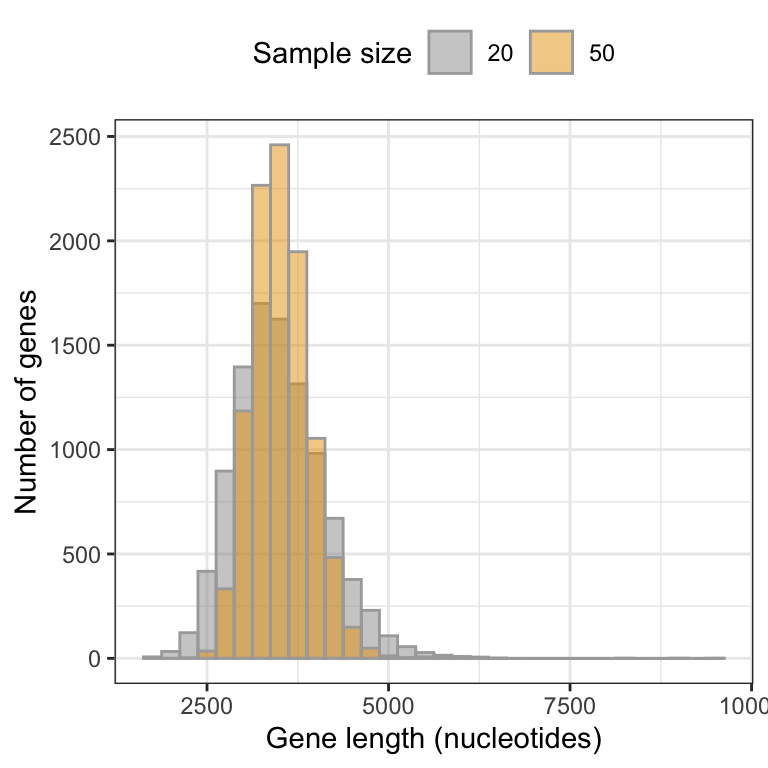 Approximate sampling distributions of mean gene lengths from the human genome, using sample sizes of 20 and 50 (10000 replicate samples in each distribution).